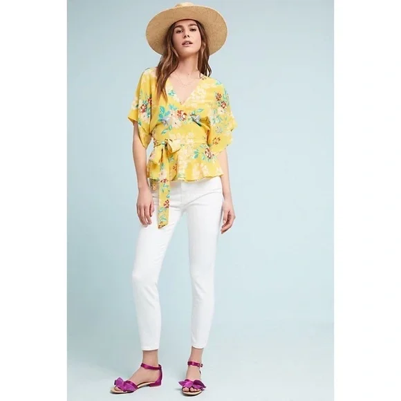 NWT Anthropologie Yumi Kim 100% Silk Floral Yellow Wrap Blouse Small​​​ - Picture 10 of 11